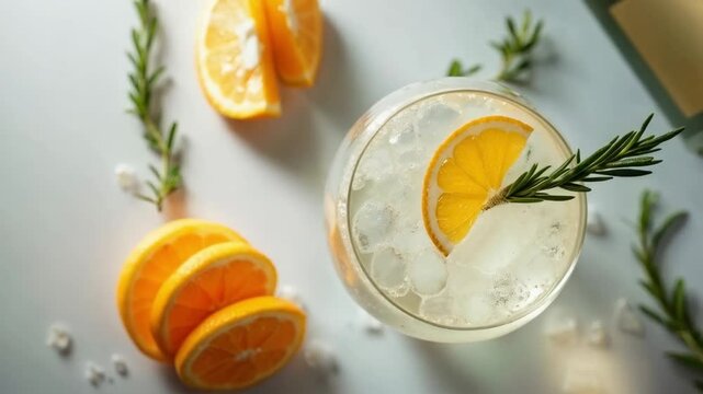C&oacute;ctel c&iacute;trico con rodaja de naranja y romero sobre hielo