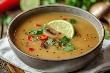 Bowl of Tom Kha soup with creamy coconut broth and fresh Thai garnishes