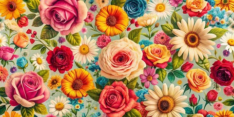 Vintage Floral Canvas: Minimalist Rose & Daisy Pattern