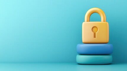 Fototapeta premium Fintech and security concept. A colorful padlock sits atop two stacked rings against a turquoise background, symbolizing security and protection.
