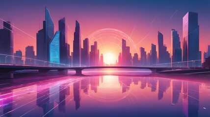 Fototapeta premium futuristic cityscape at sunset with a bright sun on the horizon