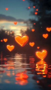 Floating hearts illuminate a tranquil lake at sunset creating a serene and romantic atmosphere. Ideal for Social Media, Stories