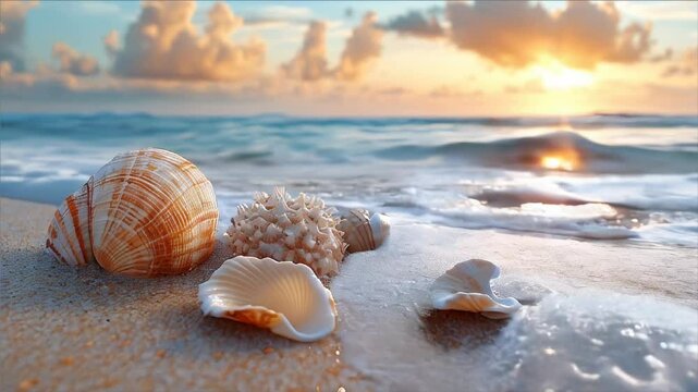 Beautiful beach with white sand, blue water, and sea shells on the shore. Summer vacation background banner