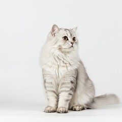 Obraz premium Elegant Persian cat sitting gracefully on a white background, showcasing its beautiful fur and captivating eyes.