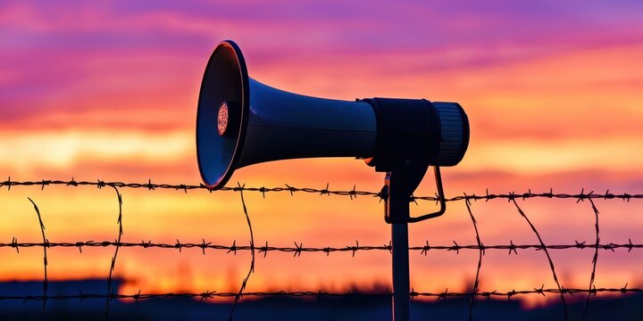 A large speaker is on top of a fence with a barbed wire fence behind it