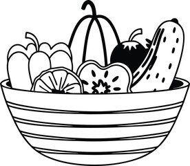Black and White Bowl of Vegetables Illustration with Various Produce