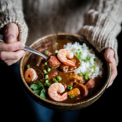 Close-up of Comforting Creole Gumbo with Shrimp, Sausage and Rice
