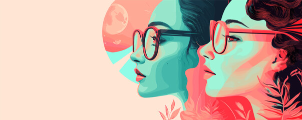 Fototapeta premium Stylized portrait of women in glasses with moon and floral elements.