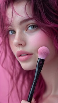 Makeup application with a focus on blush using a pink brush and vibrant background. Ideal for Social Media, Stories, Advertising