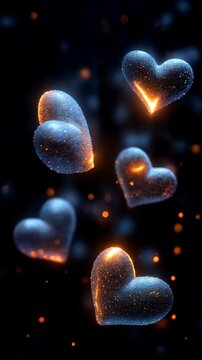 Colorful glowing hearts surrounded by sparkling particles create a magical atmosphere in a dark background. Ideal for Social Media, Stories