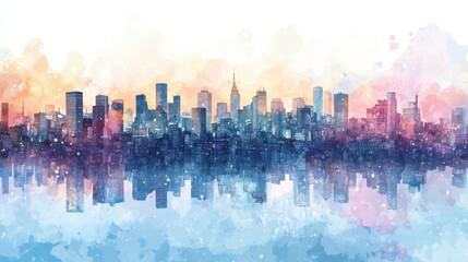 Watercolor painting of a modern cityscape reflected in water
