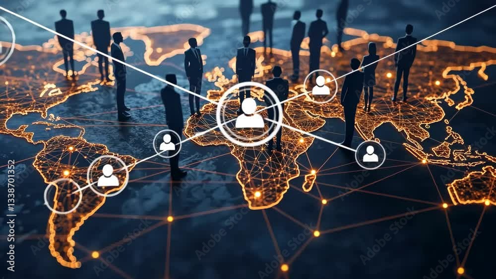 Poster The image shows a detailed digital world map with interconnected nodes symbolizing the complex global networking, collaboration, and interconnections in modern business and technology