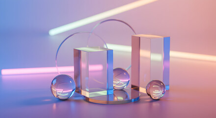 Abstract Glass Shapes Neon Lights Background