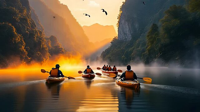 Group of people kayaking in a serene river surrounded by mountains at sunset with birds flying above.

