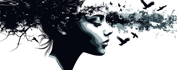 Surreal profile of woman with birds in ink brush design.
