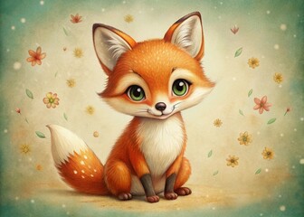 Vintage Cute Cartoon Fox Illustration, White Background, Retro Style Animal Graphic