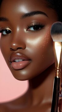 Glamorous beauty tutorial featuring glowing skin and makeup application in a soft aesthetic setting. Ideal for Social Media, Stories, Advertising
