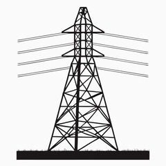 A towering steel pylon carries high-voltage power lines against a vibrant sunset sky