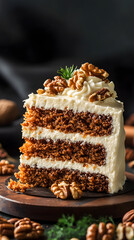Delicious Homemade Chocolate Walnut Cake with Creamy Frosting on Rustic Wooden Plate | Food Photography & Culinary Art