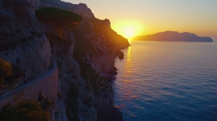 Captivating Sunset Over Serene Seaside Cliffs and Calm Waters