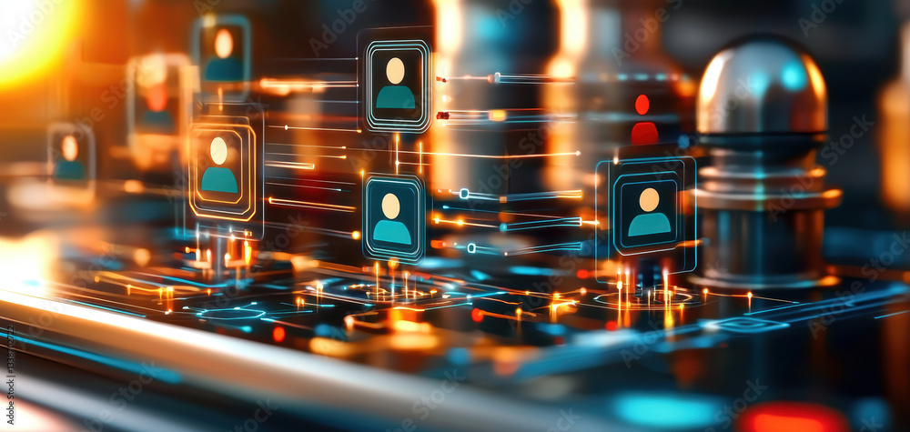 Poster futuristic ai driven network with glowing user icons interconnected on high tech circuit board, symb