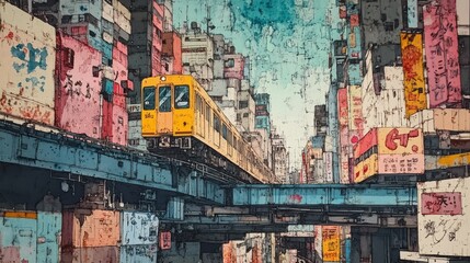 Fototapeta premium Yellow train travels above a dense colorful cityscape on rails