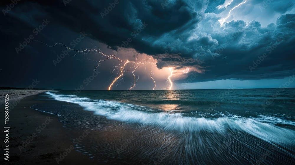 Poster beach waves landscapes idea. dramatic storm clouds and lightning over an ocean shore create a captiv