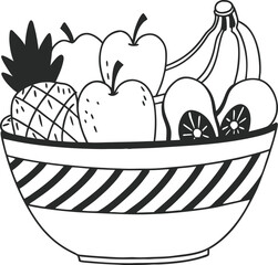 Black and White Bowl of Vegetables Illustration with Various Produce