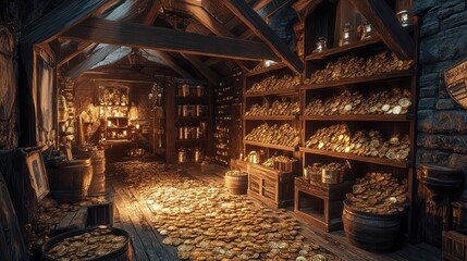 Golden coins fill attic treasure room; fantasy game background