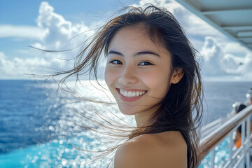 Tourist Smiling on Cruise Ship with her hair blowing in the breeze, taking in the panoramic view of the sparkling ocean.