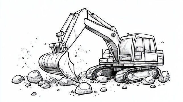 recommend clip art: Cartoon excavator digging rocks, construction site background, illustration, stock photo