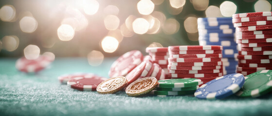 Fototapeta premium Poker chips and coins are scattered on green felt table under warm lighting, creating vibrant and exciting casino atmosphere. background features soft bokeh effect