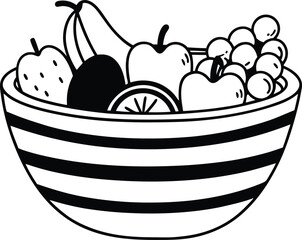 Black and White Bowl of Vegetables Illustration with Various Produce