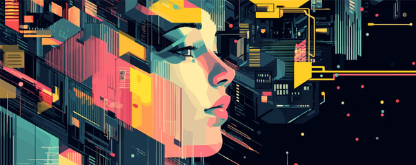 Abstract geometric portrait of woman in digital futuristic design with vibrant colors.