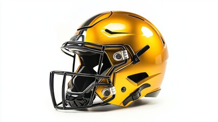 Stylish gold american football helmet with modern design and ventilation vents isolated on white background, protective sports gear for players and athletes, close-up of shiny metallic headgear