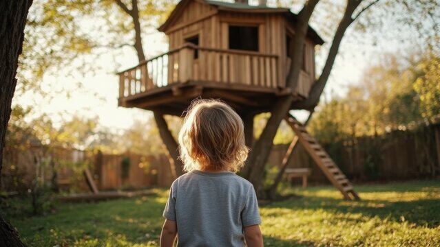 A child standing in a lush backyard gazes at a wooden treehouse surrounded by trees, bathed in golden sunlight, evoking a sense of peace and nostalgia
