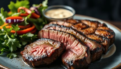 Grilled Steak and Salad on a Plate with Sauce, Food Photography