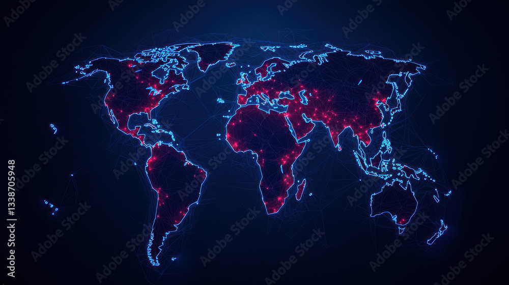 Poster glowing digital world map with interconnected red points symbolizing global connectivity and data fl