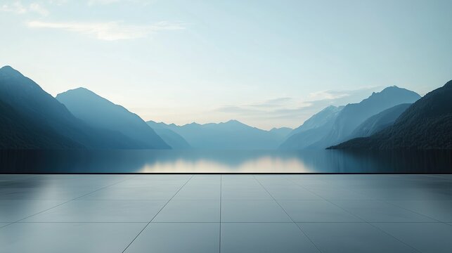 Minimalist Background with Empty Floor Overlooking Mountains and Calm Waters