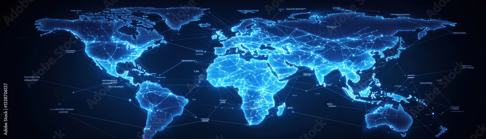 Poster glowing digital world map with interconnected lines and nodes, representing global connectivity and 