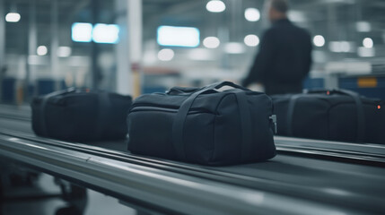 black luggage bag moves along conveyor belt in airport setting, showcasing modern travel technology. scene captures anticipation of travel and efficiency of luggage handling