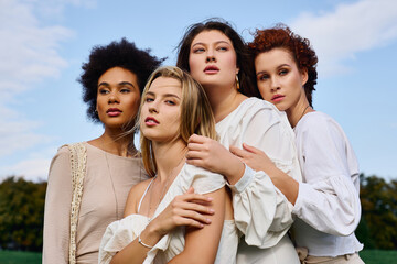 Fashionable spring gathering of stylish women radiating confidence and beauty in nature