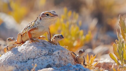 Desert lizard family on a rock, sunlit.