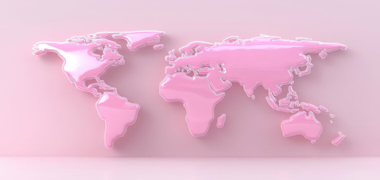 Fototapeta glossy pink 3D world map displayed on soft pink background, showcasing continents in modern and minimalistic design. reflective surface adds futuristic and elegant touch