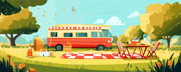 Retro camper van by picnic setup in sunny parkland with checkered blanket and red chairs.