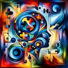 Obraz premium Vibrant abstract art depicting a human profile intertwined with colorful geometric shapes, representing creativity, innovation, and the fusion of technology and art.