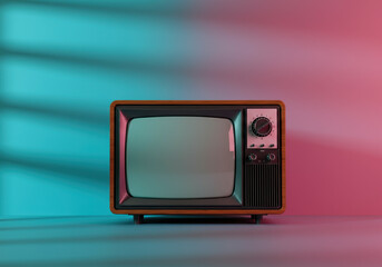 Classic vintage TV under neon pink and blue lighting, evoking a retro-futuristic style that blends nostalgia with modern creative visual trends.
