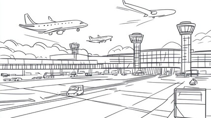 Obraz premium Airport sketch, planes, terminal, background vehicles