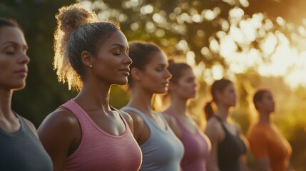 Diverse group of people participating in a wellness event or fitness class together outdoor nature view, promoting a sense of community support for health goals