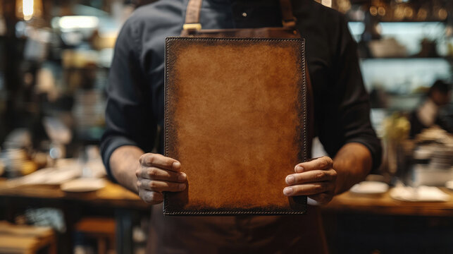 Close-up of a waiter in formal attire with a leather empty menu in a sophisticated restaurant, symbolizing hospitality, fine dining,luxury service in an upscale dining environment. Copy space, mock up